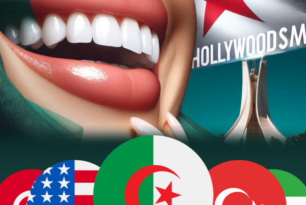 Prix du hollywood smile en Algérie, mettant en avant un sourire parfait et éclatant au centre. Les drapeaux de l'Algérie, des États-Unis, de la Turquie, des Émirats arabes unis (Dubaï) et de la Tunisie sont alignés en arrière-plan, avec un accent particulier sur le drapeau algérien pour souligner son importance dans le tourisme dentaire. L'image évoque un Hollywood smile de haute qualité à des prix économiques, dans un contexte de comparaison internationale.