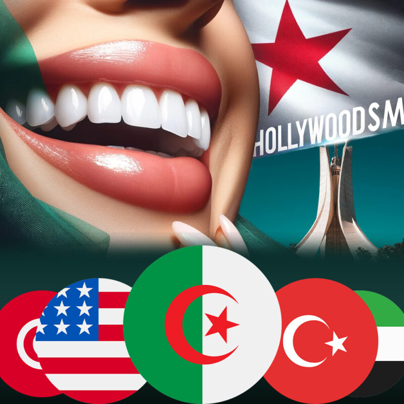 Prix du hollywood smile en Algérie, mettant en avant un sourire parfait et éclatant au centre. Les drapeaux de l'Algérie, des États-Unis, de la Turquie, des Émirats arabes unis (Dubaï) et de la Tunisie sont alignés en arrière-plan, avec un accent particulier sur le drapeau algérien pour souligner son importance dans le tourisme dentaire. L'image évoque un Hollywood smile de haute qualité à des prix économiques, dans un contexte de comparaison internationale.
